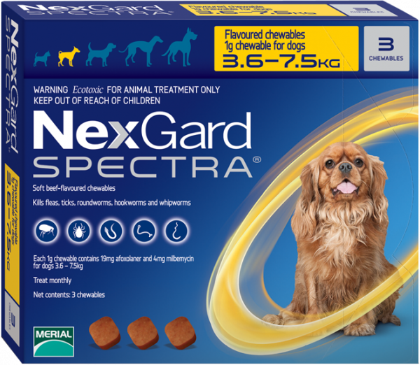 NexGard Spectra สุนัข 3.6-7.5 กก ยากินกำจัดเห็บหมัด กันพยาธิหัวใจ ถ่ายพยาธิลำไส้